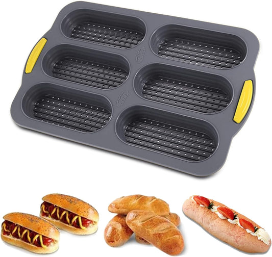 6-Cavity Silicone Baguette Bread Pan, Non-stick French Bread & Hot Dog Bun Mold, Foldable Loaf Pan Baking Tool for Hoagie Homemade Rolls, Dishwasher Safe,Easy Release, Local Stock- 1 Pack Gray