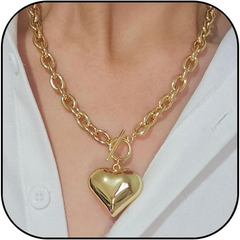 Chunky Gold Heart Necklace for Women Puffy Heart Pendant Necklaces Thick Chunky Chain Link Necklace Paperclip Chain Jewelry Gifts for Women