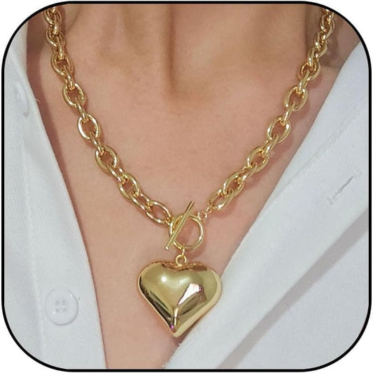 Chunky Gold Heart Necklace for Women Puffy Heart Pendant Necklaces Thick Chunky Chain Link Necklace Paperclip Chain Jewelry Gifts for Women