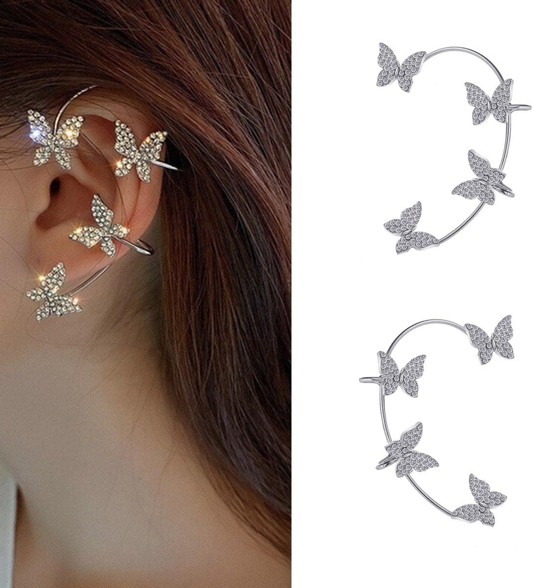 Juneyemo Glitter Rhinestone Ear Cuffs 1 Pair Butterfly Climber Ear Wrap Non Pierced Earrings Ear Jewelry for Women and Girls (Silver)
