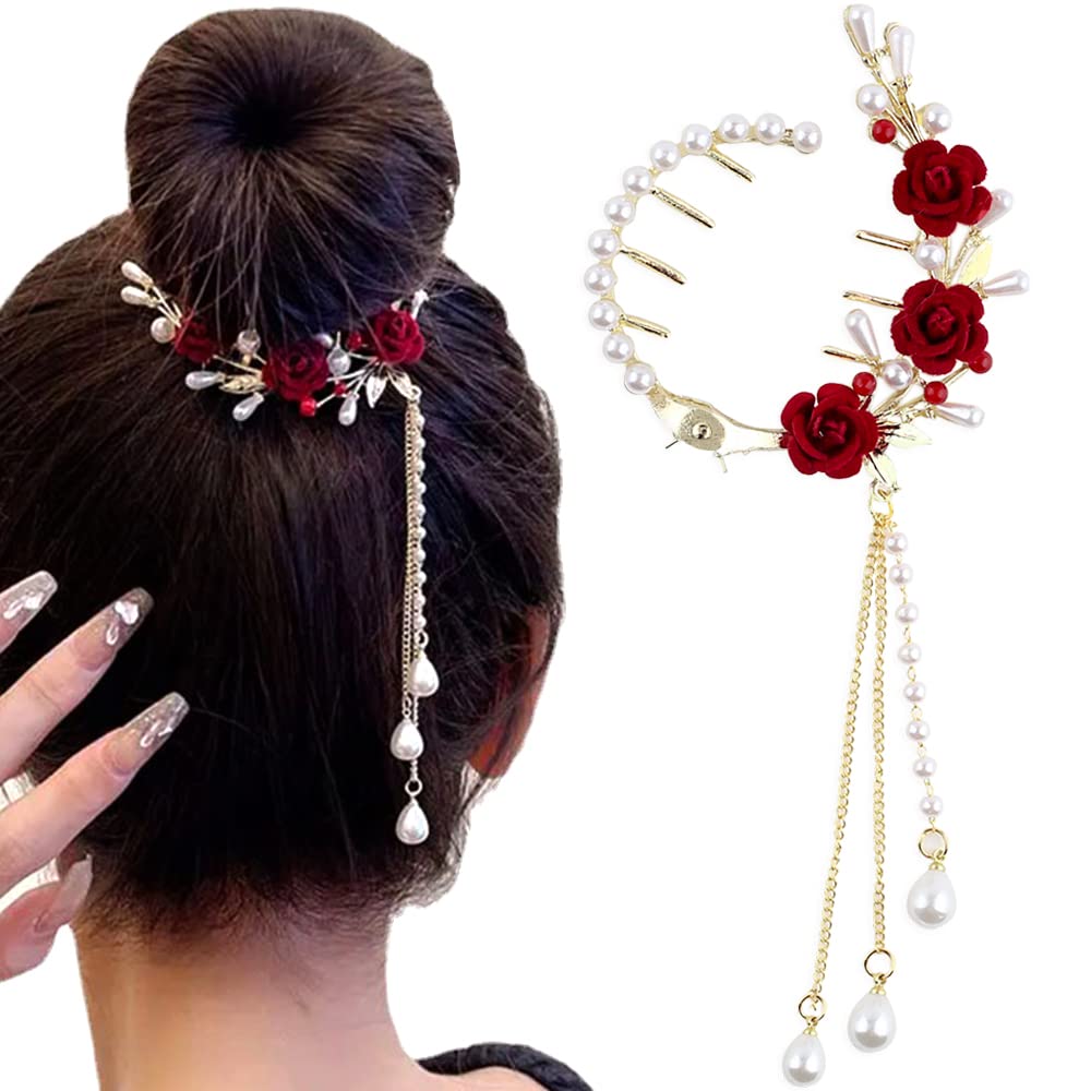 Pearl Rose Hair Clips, Tassel Pill Hair Clip Fashionable Elegant Metal Claw Clips Ponytail Buckle Vintage Hair Pearls Red Rose Flower Clips Hair Accessories for Women Girls Hair Clips
