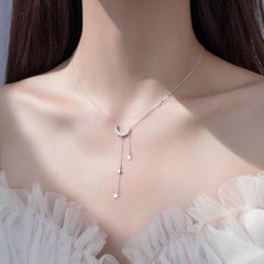 Moon Y Necklace for Women Silver Star Pendant Dainty Rhinestone Cute Long Necklace Jewelry Gift