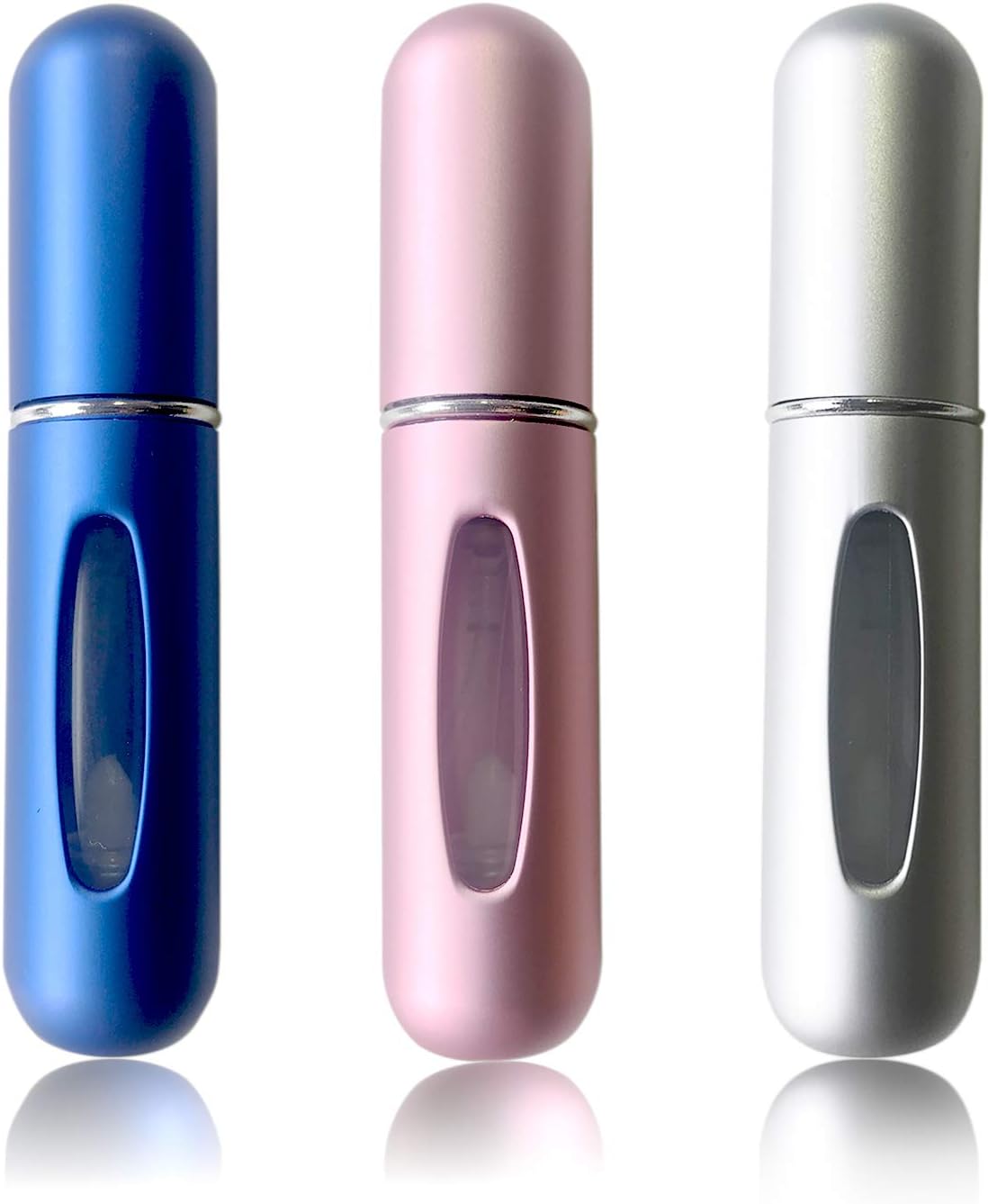 Refillable Perfume Atomizer Bottle, Pocket Cologne Sprayer, Travel Mini Perfume Atomizer Container Multicolor Perfume Spray, Scent Pump Case for Traveling 3 Pcs Pack of 5ml, Blue-Silver-Rose Pink