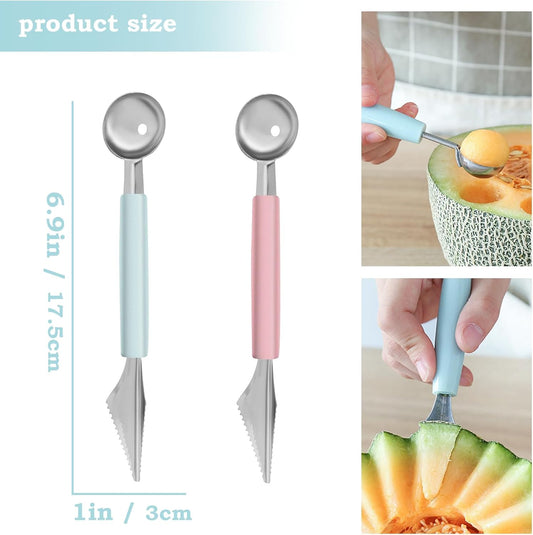 2Pcs Useful Melon Baller Scoop Set DIY Funny Melon Baller Scoop Carving Stainless Steel Fruit Scoop Multi-Function Double-Sided Melon Baller