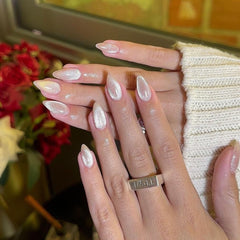 KQueenest Cat Eye Light Pink Press on Nails Medium Almond, 30 Pcs Glitter Nude Pink Fake Nails Press ons, Sparkly Acrylic Nails with UV Coating, Reusable Glue on Nails for Women Summer