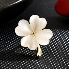 Cute Cats Eye Clover Leaf Brooch Breastpin for Women Girls Gold Plated Fashion Lucky Shamrock White Flower Brooches Lapel Pins Dainty Dress Accessories Birthday Holiday St.Patrick's Day Jewelry Gift