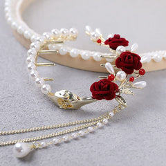 Pearl Rose Hair Clips, Tassel Pill Hair Clip Fashionable Elegant Metal Claw Clips Ponytail Buckle Vintage Hair Pearls Red Rose Flower Clips Hair Accessories for Women Girls Hair Clips