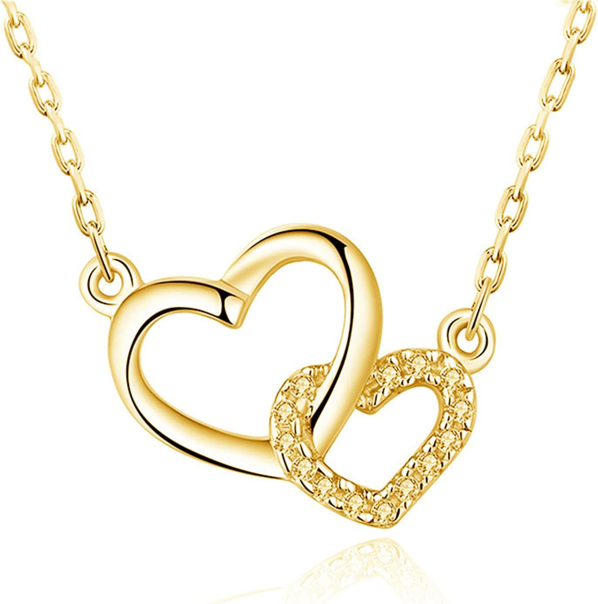 MALOYANVE Tiny Double Heart Necklace Dainty Cute Small Sterling Silver Cubic Zirconia Two Love Pendant Necklace Love Jewelry for women