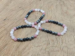 Natural Hematite, Obsidian, Strawberry Quartz & Rose Quartz 8mm Round Shape Smooth Cut Beads Stretchable Bracelet For Men & Women. Unisex Bracelet For Healing|STB_VG_11714