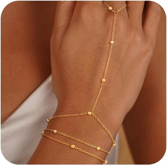 14k Gold Plated Hand Chain for Women,Trendy Ring Bracelet Hand Chain Non Tarnish Beaded Cubic Zircon Infinity Finger Ring Slave Bracelet Stack Jewelry Gifts for Women