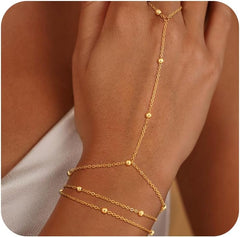 14k Gold Plated Hand Chain for Women,Trendy Ring Bracelet Hand Chain Non Tarnish Beaded Cubic Zircon Infinity Finger Ring Slave Bracelet Stack Jewelry Gifts for Women