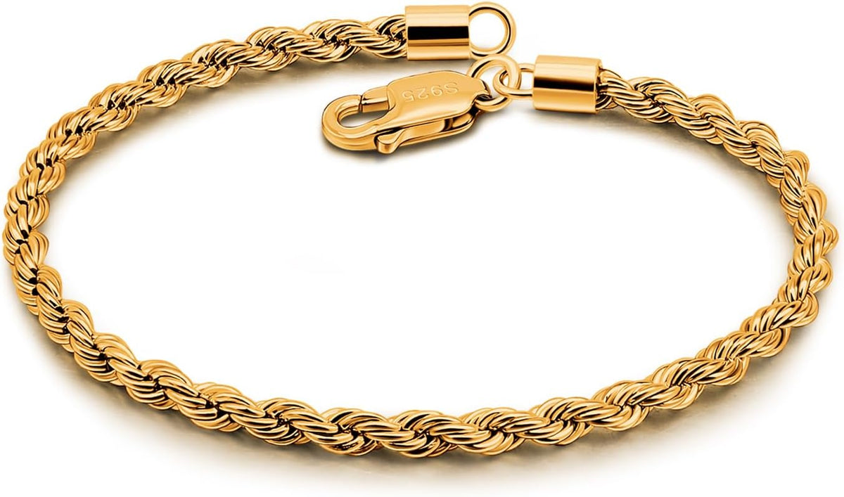 Dankadi Men Diamond Cut 925 Sterling Silver 3mm Twist Rope Chain Bracelets Women Bangle Clasp Rope Box Chain link 6.3" 6.7" 7" 7.5" 8" 8.5" 9" Cuff Jewelry Gifts