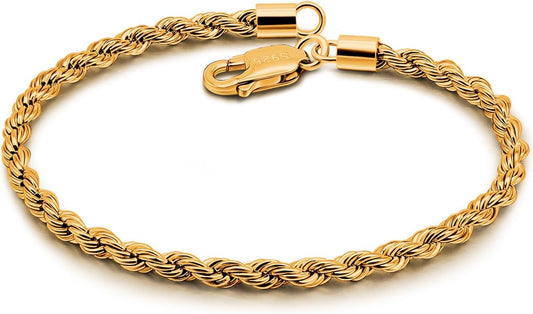 Dankadi Men Diamond Cut 925 Sterling Silver 3mm Twist Rope Chain Bracelets Women Bangle Clasp Rope Box Chain link 6.3" 6.7" 7" 7.5" 8" 8.5" 9" Cuff Jewelry Gifts