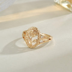 Chunky Gold Ring For Women, Trendy Rose Flower Rings Copper Daily Wear Wedding Statement Promise Engagement Party Jewelry Wife Mother Gift Birthday Valentines Mom