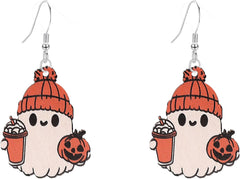 GBAHFY Thanksgiving Wooden Coffee Cup Earrings Halloween Cute Ghost Pumpkin Dangle Earrings for Women Festive Party Jewelry