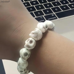 2pcs(large and small) Skull Bracelet with Colorful Howlite & Synthetic Turquoise Beads - Skeleton Tibetan Prayer Mala Bead Bracelet for Men and Women, Couples Jewelry