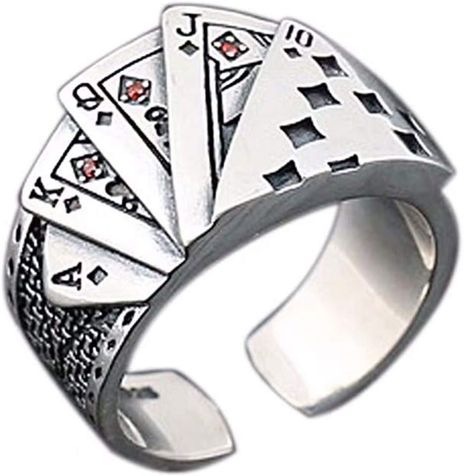 Poker Games Casino Ring Stainless Steel Diamond Spade Flush Playing Cards Statement Band Ring Vintage Gambling Punk Jewelry Adjustable for Women Men (Spade)