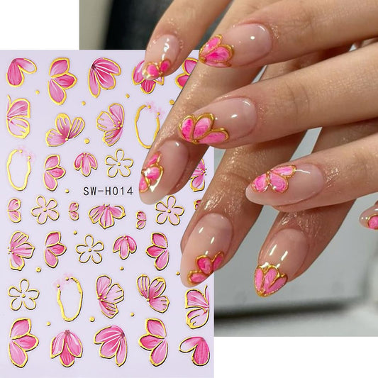 Pink Flower Nail Art Stickers Spring Blossom Flowers Nail Stickers 4PCS Golden Edge Flower Petals 3D Self-Adhesive Nail Decals Manicure Supplies for Women Spring Valentines DIY Nail Art Decorations