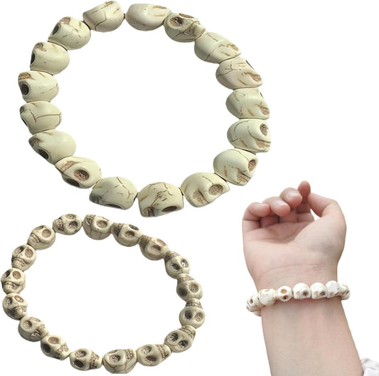 2pcs(large and small) Skull Bracelet with Colorful Howlite & Synthetic Turquoise Beads - Skeleton Tibetan Prayer Mala Bead Bracelet for Men and Women, Couples Jewelry