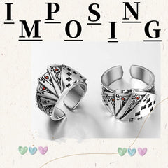 GAUEIOUR Poker Card Ring, Premium Alloy Playing Card Open Adjustable Design, Hip Hop Punk Gothic Style, Vintage Thread, Lucky Flush Set With Red Diamonds, Unisex