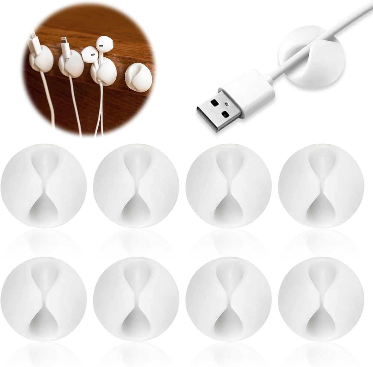 Silicone cable management holders, Adhesive Cable Management Cord Organiser, Cable Clips Holders for desk, power cable, headphone cable, TV cable, Home office (8 White)