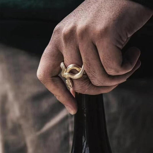 Vintage Gold Snake Ring - Adjustable, Black, Fashion Animal Ring for Women & Men