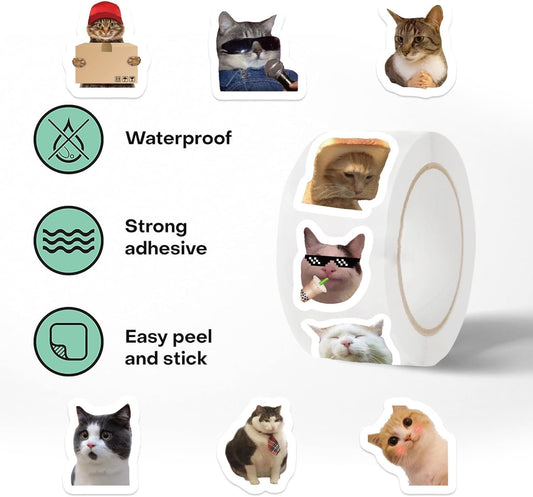 Cat Stickers for Kids, 500Pcs Funny Cat Meme Rolls Self Adhesive Seals for Kids Girls Boys Teen Birthday Party Decorations Water Bottle Scrapbook