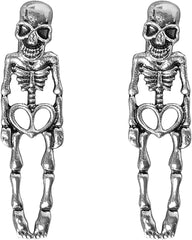 Halloween Skull Earrings with Heart Cutout - Punk Gothic Jewelry for Women Men, Alloy Electroplated Goth Ear Accessories, Lightweight 5g, 4cm Length, Hypoallergenic (Silver/Gold)
