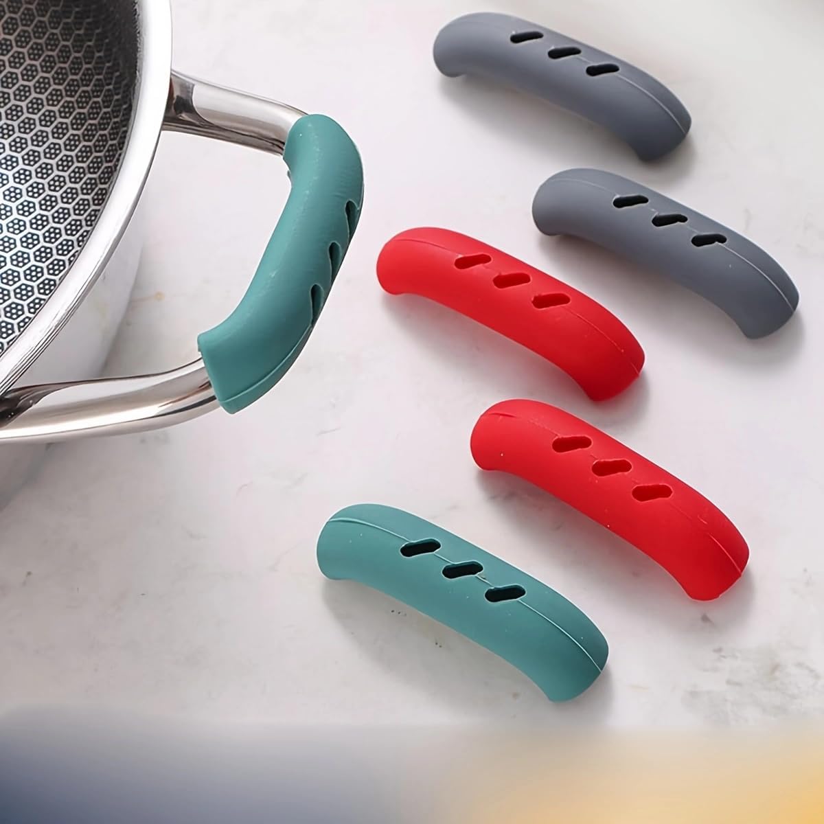 Silicone Pan Handle Covers, Heat Resistant Pot Handle Grips, Teal Red Gray (Red, 6PCS)