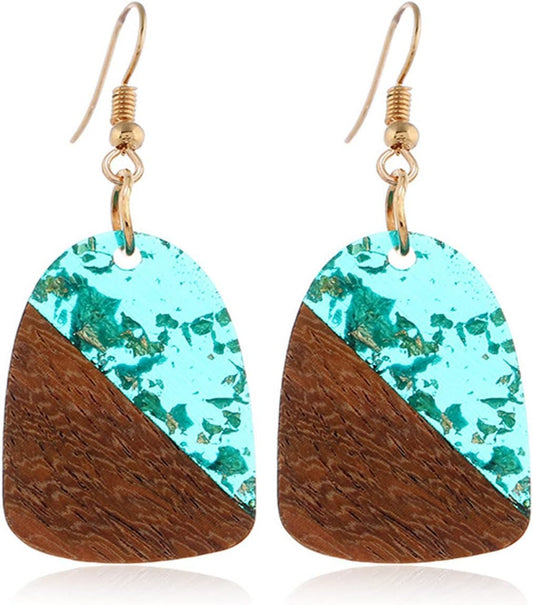 Lightweight Bohemian Wooden Acryluc Resin Geometric Bar Rould Drop Dangle Natural Wood Earrings Ethnic African Western Statement Handmade Jewelry for Women