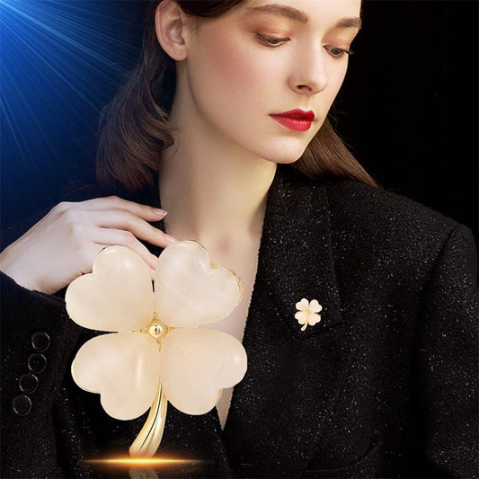 Cute Cats Eye Clover Leaf Brooch Breastpin for Women Girls Gold Plated Fashion Lucky Shamrock White Flower Brooches Lapel Pins Dainty Dress Accessories Birthday Holiday St.Patrick's Day Jewelry Gift