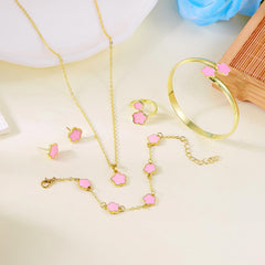 Clover Jewelry Set for Women Non Tarnish Gold-Tone Five Leaf Clover Necklace, Earrings, Ring, Bracelet Fashion Simple Floral Jewelry Set