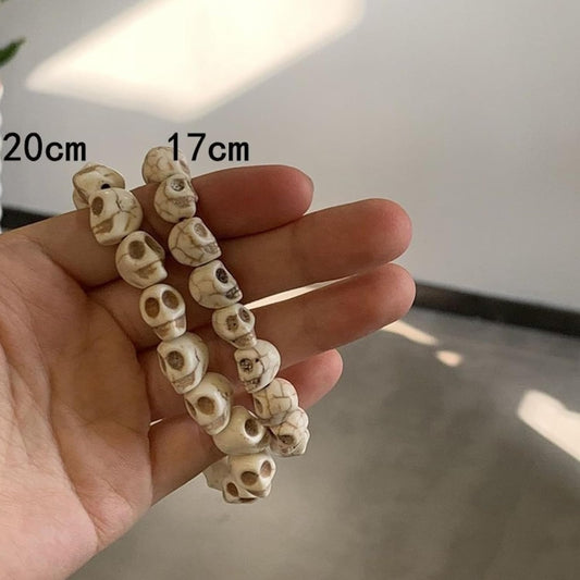 2pcs(large and small) Skull Bracelet with Colorful Howlite & Synthetic Turquoise Beads - Skeleton Tibetan Prayer Mala Bead Bracelet for Men and Women, Couples Jewelry