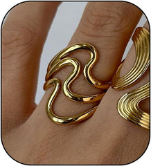 Chunky Rings For Women, Gold Silver Thumb Ring Asymmetrical Wavy Curve Ring Adjustable Non Tarnish Dainty Stainless Steel New Year Anniversary Birthday Jewelry Gift