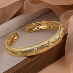 Gold Bracelets for Women, Silver Gold Stripe Bangle Bracelet Cuff Flower Shaped With Simulated Diamond Trendy Mixed Metal Open Gift for Mom Her Jewelry