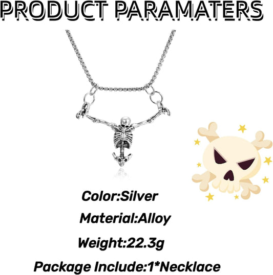 Men's Gothic Skull Necklace,Punk Pirate Style Skeleton Skull Necklace,Alloy Silver Suffer Disasters Captivity Biker Rock Halloween Jewelry Presents for Men and Women