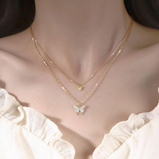 Crystal Butterfly Layered Necklaces for Women Dainty Layering Pendant Necklace Adjustable CZ Animal Chain Choker Cute Jewelry