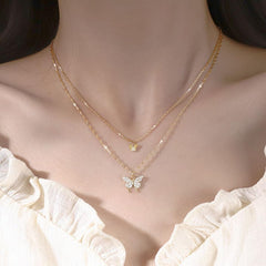 Crystal Butterfly Layered Necklaces for Women Dainty Layering Pendant Necklace Adjustable CZ Animal Chain Choker Cute Jewelry