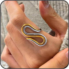 Chunky Rings For Women, Gold Silver Thumb Ring Asymmetrical Wavy Curve Ring Adjustable Non Tarnish Dainty Stainless Steel New Year Anniversary Birthday Jewelry Gift
