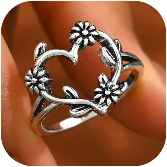 Heart Ring Statement Silver Boho Fashion Western Vintage Rings Christmas Accessories Jewelry for Women Birthday Gifts Stocking Stuffers