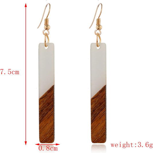 Lightweight Bohemian Wooden Acryluc Resin Geometric Bar Rould Drop Dangle Natural Wood Earrings Ethnic African Western Statement Handmade Jewelry for Women