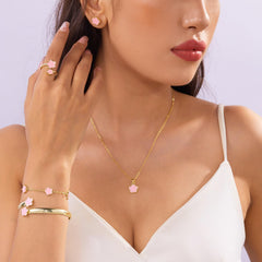 Clover Jewelry Set for Women Non Tarnish Gold-Tone Five Leaf Clover Necklace, Earrings, Ring, Bracelet Fashion Simple Floral Jewelry Set