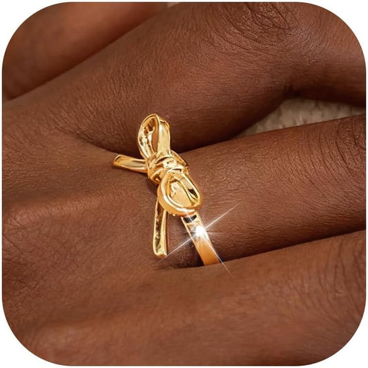 Bow Rings for Women Dainty Gold Rings Stackable Christmas Bow Ring Trendy Jewelry Gifts for Her Cute Fashion Ring for Women Adjustable Minimalist Holiday Jewelry