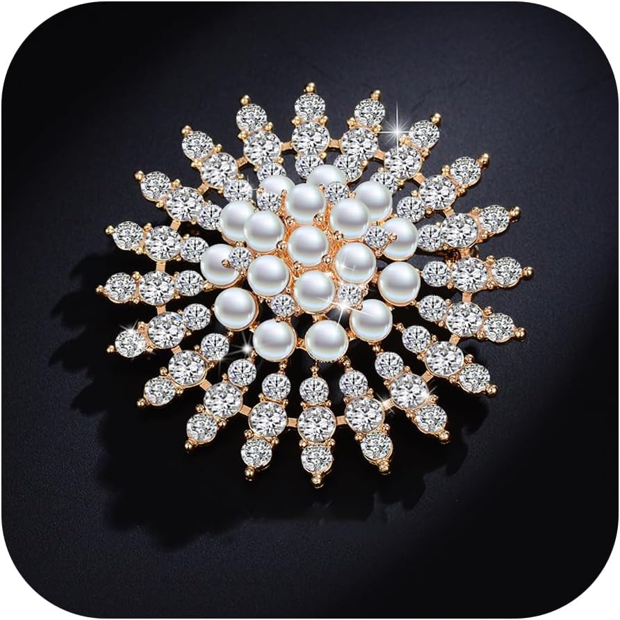 50mm Sun Pearl Brooch Pin for Women Trendy 14K Gold Plated Sunflower Pin Snowflake Brooch Stylish Crystal Brooch Elegant Clothing Hat Bag Accessories Jewerly for Women