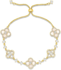 Women's 18K Gold Plated Clover Bracelet with Natural Shell - Four Leaf Lucky Charm Dainty Link Bracelets Jewelry for Women, Trendy Birthday/Mother's Day Gift
