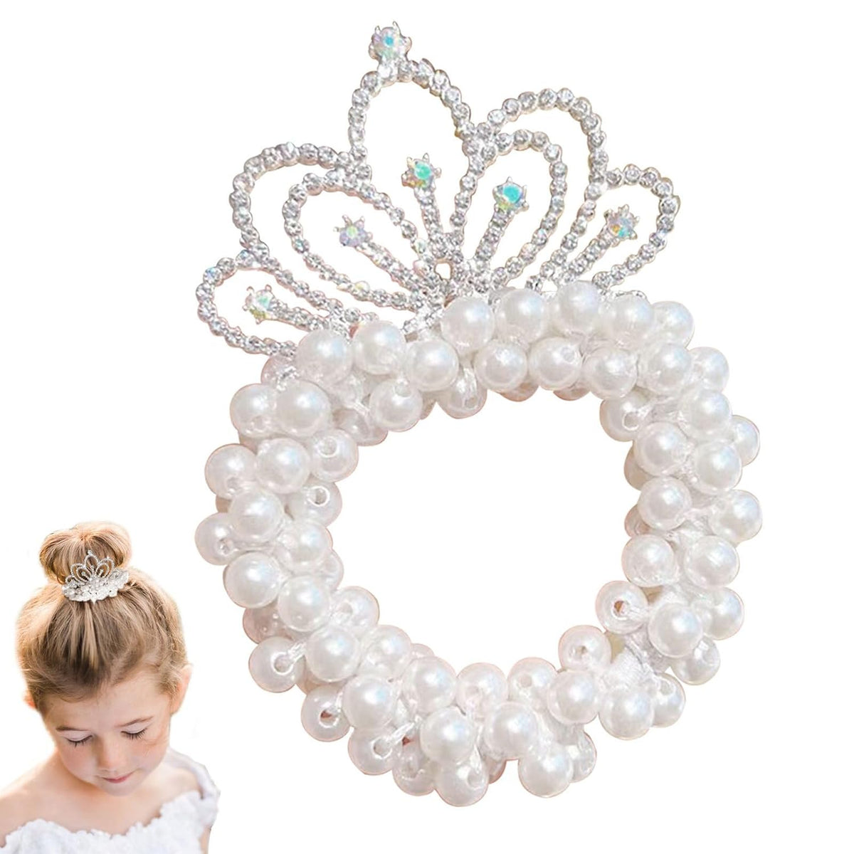 Baby Toddler Hair Ties, Pearl Beads Hair Scrunchies with Crown, Hair Ties Band Elastic Hari Bands Ponytail Holders Hair Accessories for Princess Crystal Shiny Tiaras Headbands (Cloud)