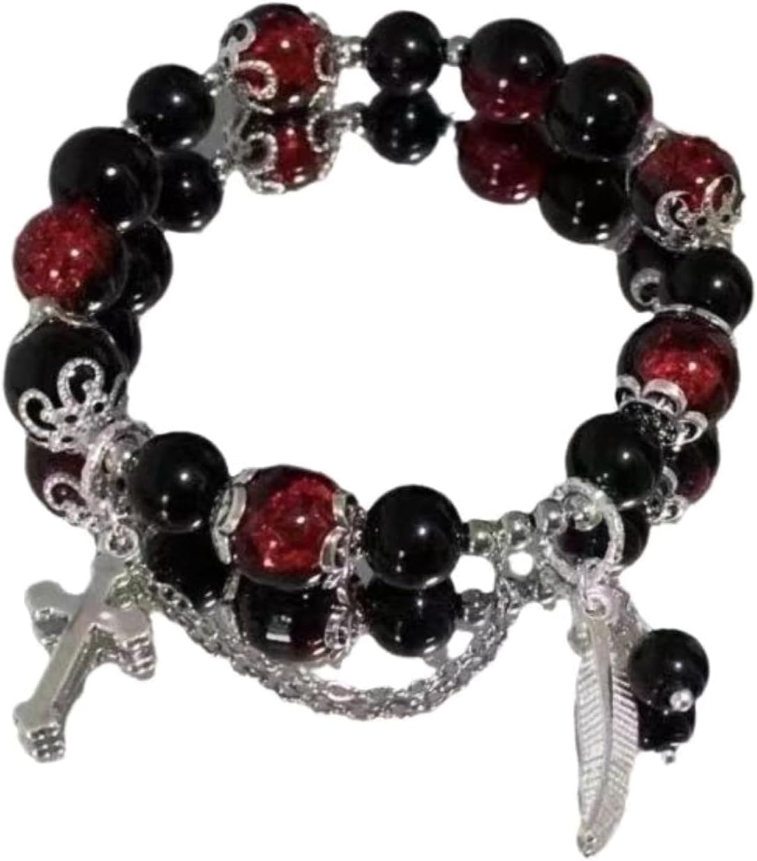 72ore Cross Bracelet for Women Beaded Black Red Silver Feather Charm Bracelets Party Prom Vacation Accessories Trendy Gift