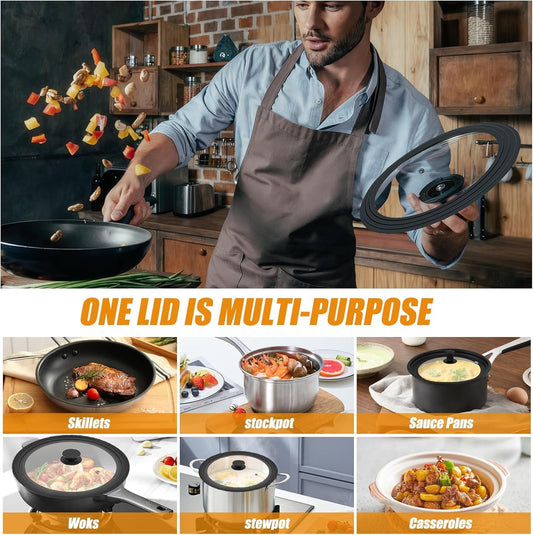 Vertical Standing Universal Lid Interchangeable Handle - 10 to 12 Inch for Pots and Pans Fits, Tempered Glass Heat Resistant Silicone Edge, Dishwasher Safe without BPA