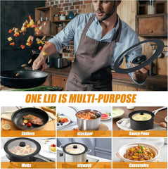 Vertical Standing Universal Lid Interchangeable Handle - 10 to 12 Inch for Pots and Pans Fits, Tempered Glass Heat Resistant Silicone Edge, Dishwasher Safe without BPA