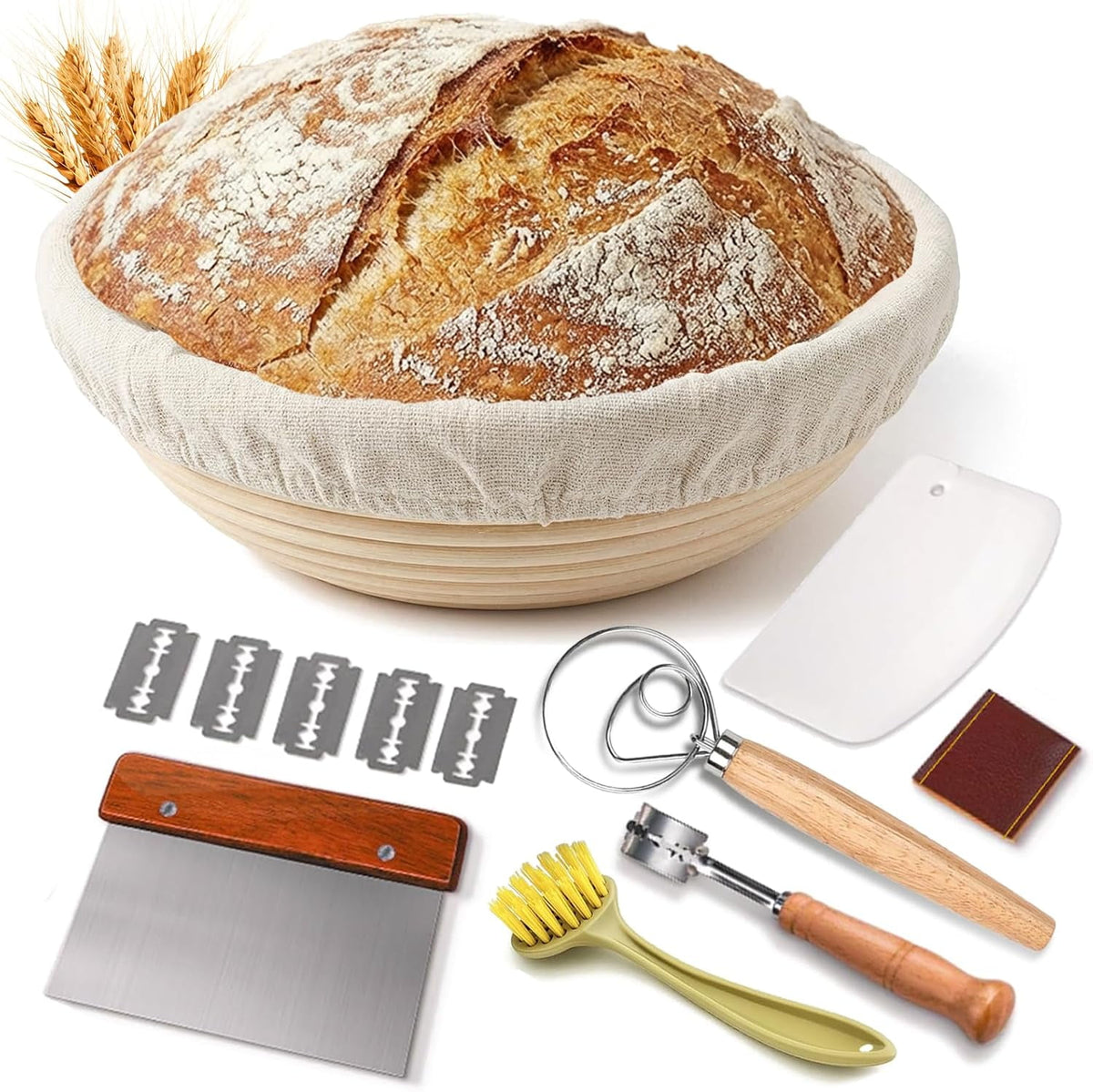 7-Piece 9 Inch Round Proofing Basket, Complete Sourdough Starter Kit with Linen Liner & Tools, Sourdough Bread Baking Supplies & Making Accessories Gift Set - Send Goods from Local Warehouse